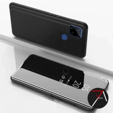Casing Hp Realme - Realme C11 2021 Finger Flip Clear View Standing Cover Mirror Case - Hitam Realme C11 2021 Hitam