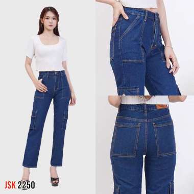 Celana Boyfriend Wanita Highrise Cargo Jeans Denim Cewek Non Stretch JSK Jeans 30 2250 Biru Tua