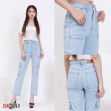 Celana Boyfriend Wanita Highrise Cargo Jeans Denim Cewek Non Stretch JSK Jeans 28 2251 Biru Muda
