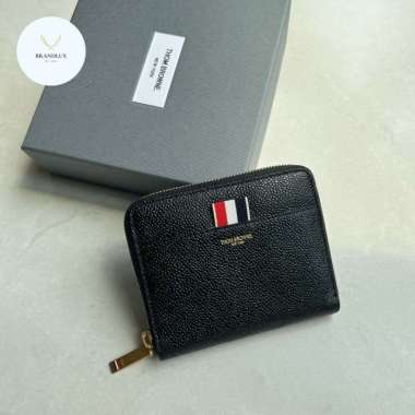 Thom Browne short zip wallet wtih RWB tab black pebble-100% Authentic