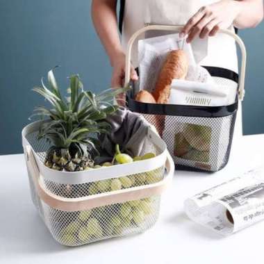 Keranjang Besi Gagang Kayu / Keranjang Buah Sayur Snack Estetik Basket Handle Kayu Hitam
