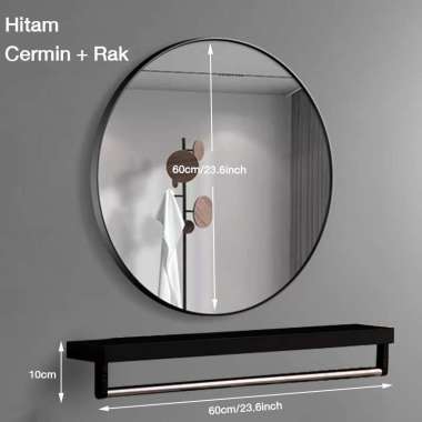 Yup Cermin Gantung Dinding Cermin Bulat Aesthetic Kaca Hitam-60cm+Rak