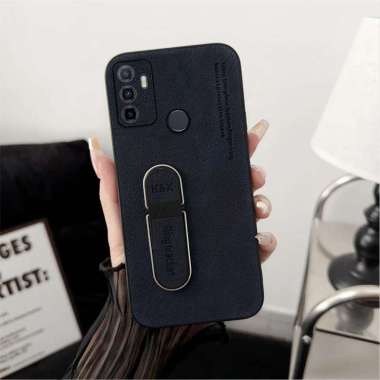 Standing Case Ring Oppo A53 Luxury Plain Leather Hitam