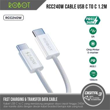ROBOT Kabel Data RCC240W Cable USB C to C 240W Fast Charging for Android Laptop