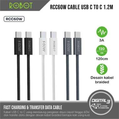 ROBOT Kabel Data RCC60W Cable USB C to C 60W Fast Charging for Iphone Android Samsung Putih