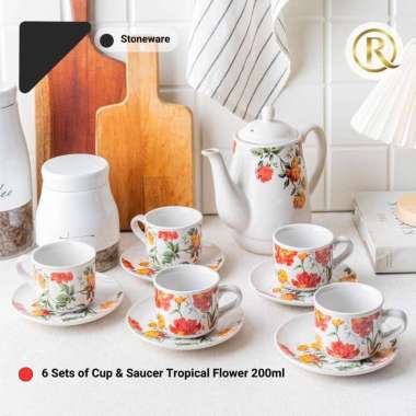 Cup & Saucer TeaPot Set Tropical Flower Stoneware Keramik Merah