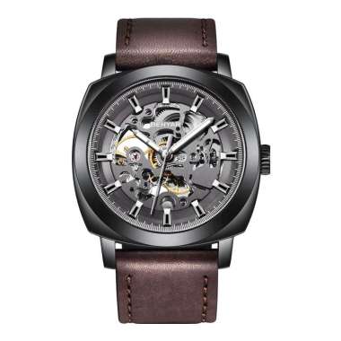 Jam Tangan Pria Benyar BY-5121LE-BLKGRY Automatic Skeleton Dial Brown Leather Strap