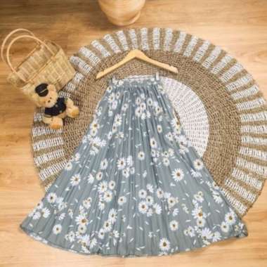 Rok plisket panjang motif bunga Rok Korea - BINTIK MINT MATAHARI GREY