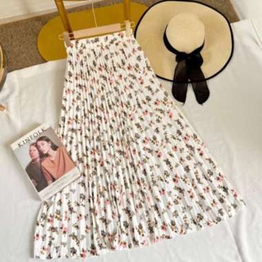 Rok plisket panjang motif bunga Rok Korea - BINTIK MINT TULIP WHITE