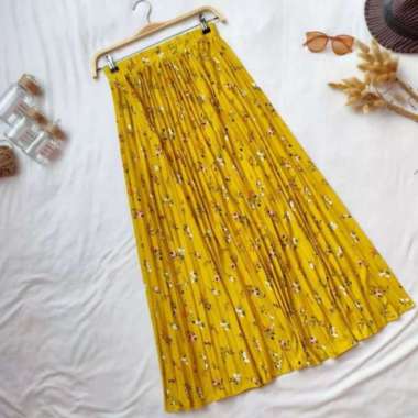 Rok plisket panjang motif bunga Rok Korea - BINTIK MINT TULIP LIME