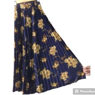 Rok plisket panjang motif bunga Rok Korea - BINTIK MINT SULTAN NAVY