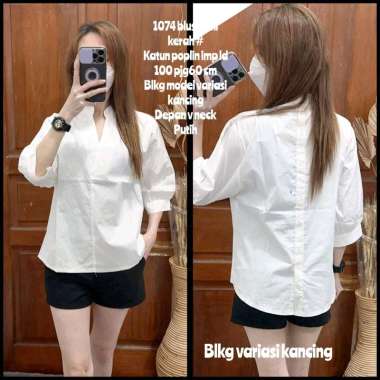 1074 Blouse Semi Kerah Katun Poplin Wanita Korean Style/Atasan/Blus V Neck putih