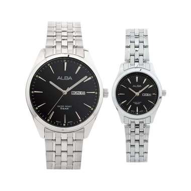 Jam Tangan Couple Alba AN8075X1_AJ6179X1 Couple Black Dial Stainless Steel Strap