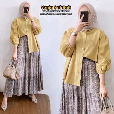 Yunia Set Rok | One Set Wanita Kekinian Kemeja Polo Linen Premium Baju Setelan Wanita Rok LD 110 cm 