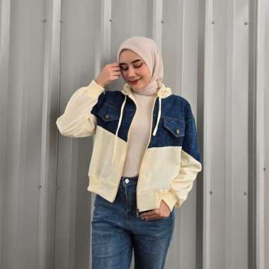 Kiukiu Vior V Jaket - Jaket hoodie wanita - Jaket Mix Jeans - Jaket Crop Wanita CREAM