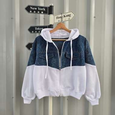 Kiukiu Vior V Jaket - Jaket hoodie wanita - Jaket Mix Jeans - Jaket Crop Wanita PUTIH