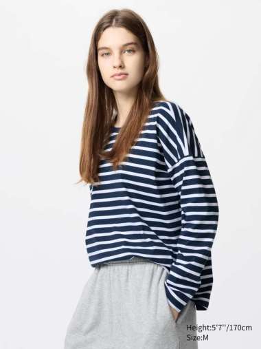 UNIQLO AIRism Katun T-Shirt Kaos wanita Lengan Panjang Garis navy S