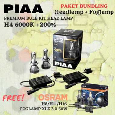 Paket Bundling LED Headlamp PIAA Premium H4 +200% & Foglamp Osram H11 XLZ 3.0 Lampu Utama Kabut Mobi