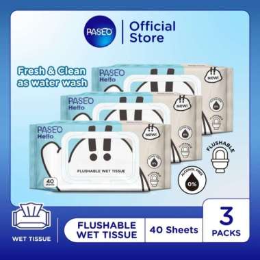 Paseo Hello Flushable Wet Bathroom Tissue / Tisu Basah Toilet To Go 40 sheet [3 Pcs]