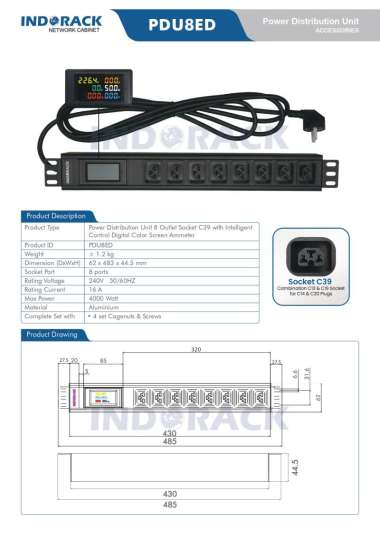 Indorack PDU8ED - Power Distribution Unit 8 Outlet C39 (C13 & C19 Socket) With Digital Display Volt 