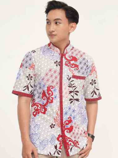 Rianty Batik Premium Pria Kemeja Batik Pendek Hem Putih Merah Furing Zhaen Meiyin M