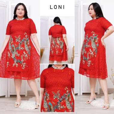 Evercloth Loni Dress Wanita Batik Couple Modern Dress Batik Modern Gaun Pesta Merah XL