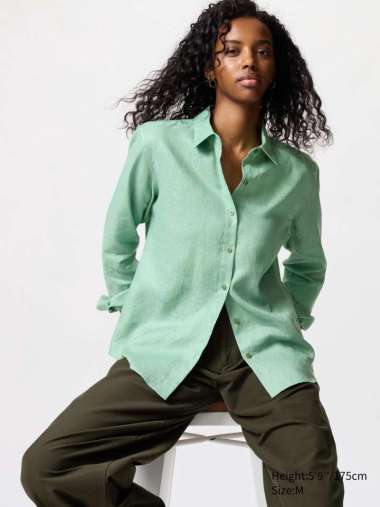 UNIQLO Kemeja Premium Linen Wanita Lengan Panjang green M
