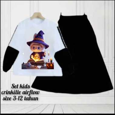 baju setelan rok anak perempuan gambar Labubu magic untuk anak usia 3-12tahun terbaru 7-8Y sage