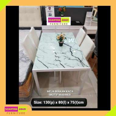 Meja Makan Kaca Motif Marmer Granite Putih 6 Orang Import Murah