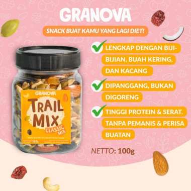 Granova - Trail Mix Classic / Cemilan Kacang Panggang, Biji-Bijian, Buah Kering 100gr (Almond, Mete,