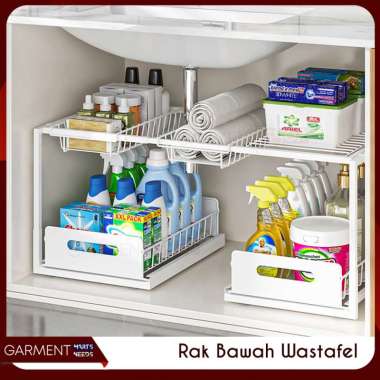 Rak Bawah Wastafel Dapur Kamar Mandi 2 Tingkat Sliding Laci Penyimpan Sabun Bumbu Multifungsi HITAM