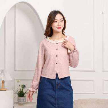 MKY CLOTHING BLOUSE KERAH RENDA BLUS LENGAN RUFFLE Pink