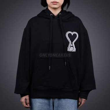 AMI PARIS BIG COEUR HEART BLACK LOGO PATCH EMBROIDERY BLACK HOODIE S