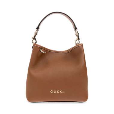 Gucci GG Emblem Small Smooth Leather Bucket Bag Brown Brown