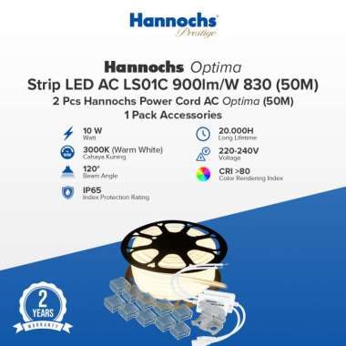 Hannochs Lampu LED Strip LED AC LS01C COB Optima 900lm/M 830 (50M) : 2Pc *Hannochs Power Cord AC Opt