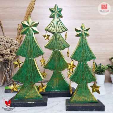 Dekorasi Pohon Natal Kayu Pajangan Hiasan Meja Rak Chrismast Tree Set Home Decor Set Green