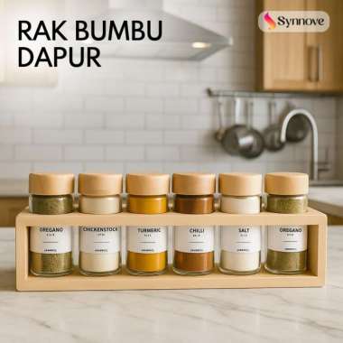 Rak Bumbu Dapur Estetik 6 Botol Kaca Spice Jar Rak Bumbu Kayu Storage Tempat Bumbu Dapur Rak Bumbu O