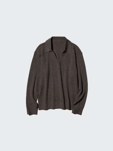 UNIQLO Sweater Polo Rib Wanita Knit Rajut Washable Matching Set Brown L