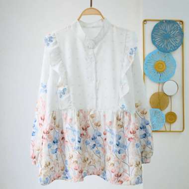 Atasan wanita Blouse bunga korean style / blouse ruffle korean style Blue P32 Flora