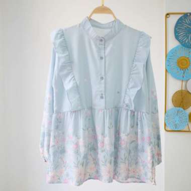 Atasan wanita Blouse bunga korean style / blouse ruffle korean style Blue P32 Jasmine