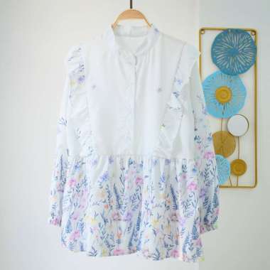 Atasan wanita Blouse bunga korean style / blouse ruffle korean style Babyblue P32 Freesia