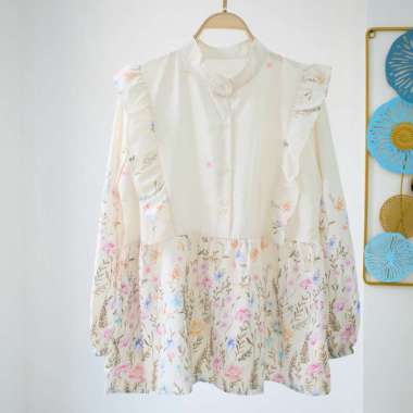 Atasan wanita Blouse bunga korean style / blouse ruffle korean style Cream P32 Freesia