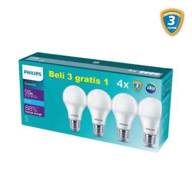Lampu Philips Multipack Essential LED Bulb Bohlam 9W E27 6500K Putih Isi 4