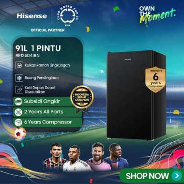 Hisense Kulkas RR125D4IBN Refrigerator Mini Bar Kapasitas 91L 1 Pintu Warna Hitam 2L Rak Muat Ukuran