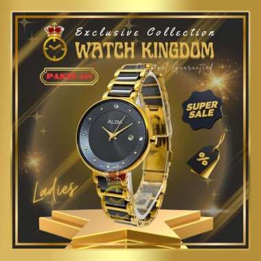 Jam Tangan Wanita Alba Ori Date Tanggal Tali Steinless Steel Anti Air Water Resistant Black Gold Hit