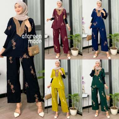AFAREEN - Setelan CP LP Lengan Pedek Set Raton Renda Set Daster Kekinian One Set Rayon Navy
