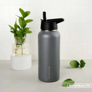 BOTOL MINUM NYUHEALTH BAHAN STAINLESS STEEL WARNA ASH GREY 1 LITER -LORENA