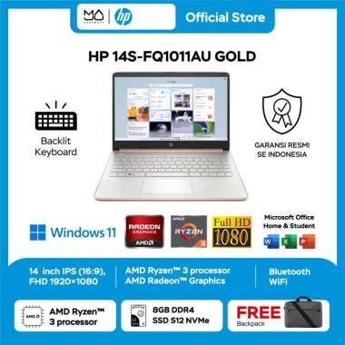 Laptop HP 14S FQ1011AU AMD Ryzen 3 5300U 8GB SSD 512GB Gold Garansi Resmi