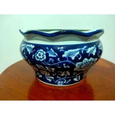 Keramik Pajangan Pot Bunga Biru Dongker Bulat Besar Terbaru
