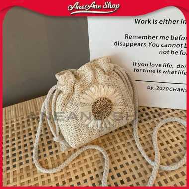 Tas Selempang Wanita Bahan Rajut Model Renda Bunga Tali Serut / Tas Selempang Lucu & Antik Putih